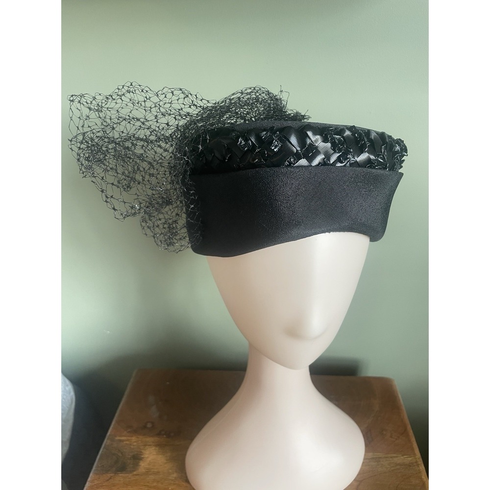 Vintage 1960's Black Pillbox Hat w/ Net Veil Ribbon Trim Union Made Cocktail
